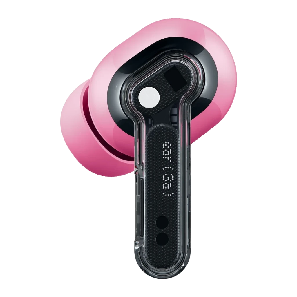 Auricular Nothing Ear 3a en rosa, diseño transparente y moderno, almohadilla de silicona, vástago con detalles negros y botón circular blanco