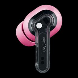 Fone Nothing Ear (3a) Rosa com haste transparente, detalhe preto e botão circular branco; ponteira de silicone rosa para ajuste confortável e moderno