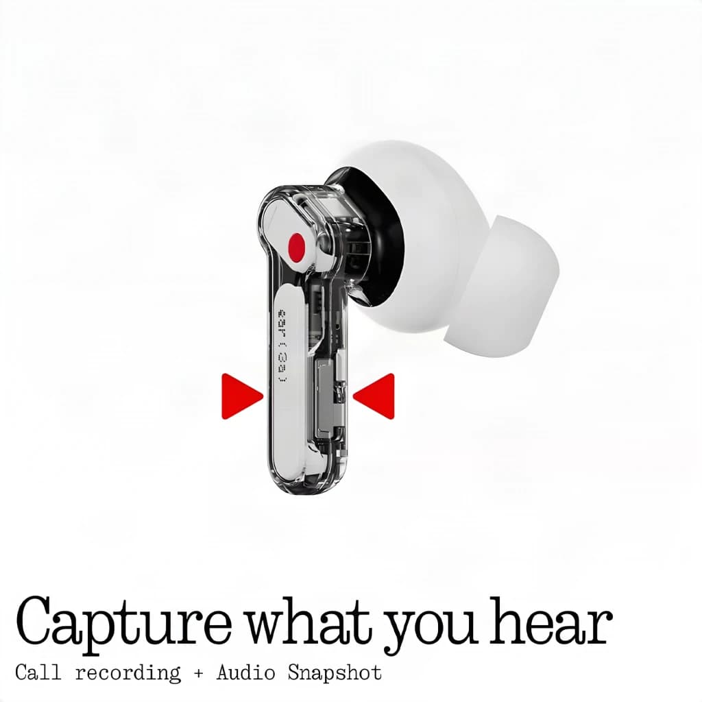 Nothing Ear (3a) Rosa: auricular in-ear con cuerpo transparente, almohadilla de silicona blanca, botón rojo destacado y diseño compacto; compatible con