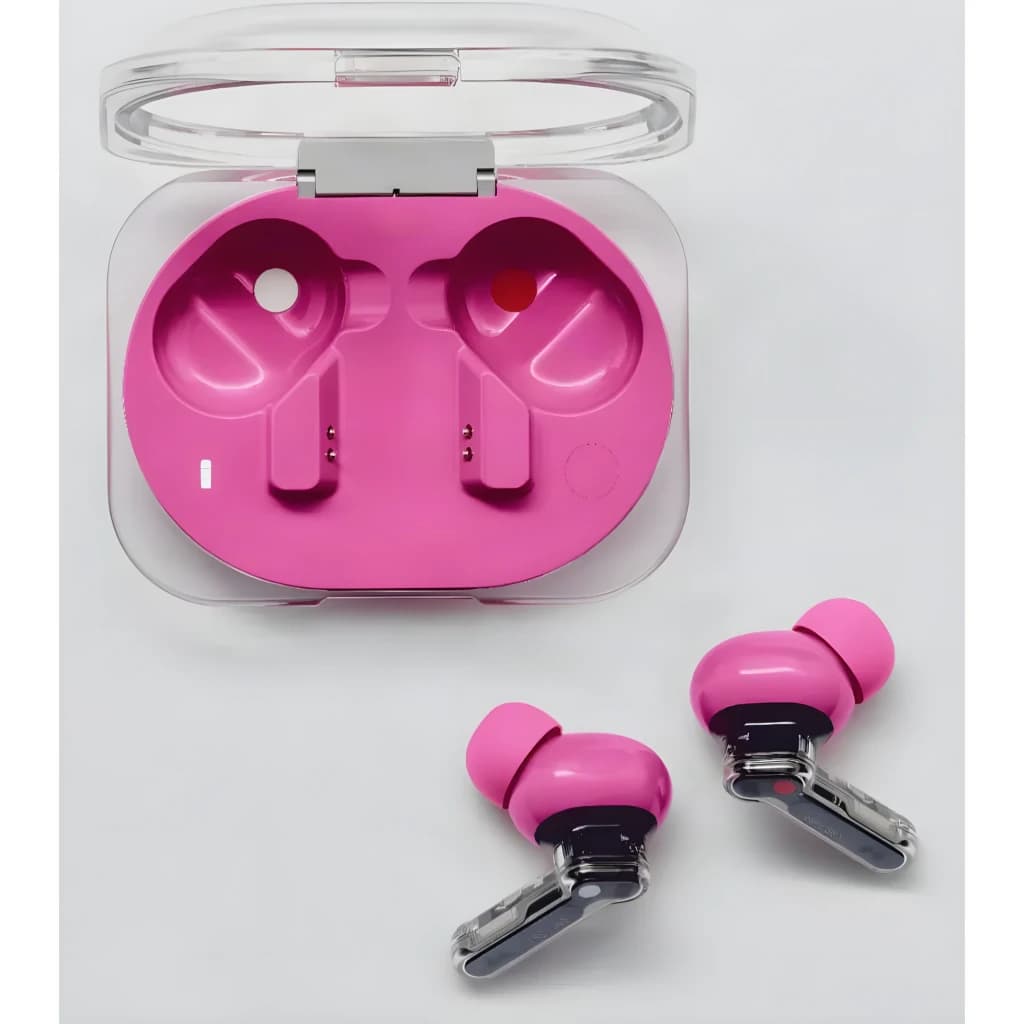 Nothing Ear (3a) Rosa con estuche transparente, auriculares intrauditivos rosa y vástago transparente; diseño compacto y moderno, puntas de silicona rosas