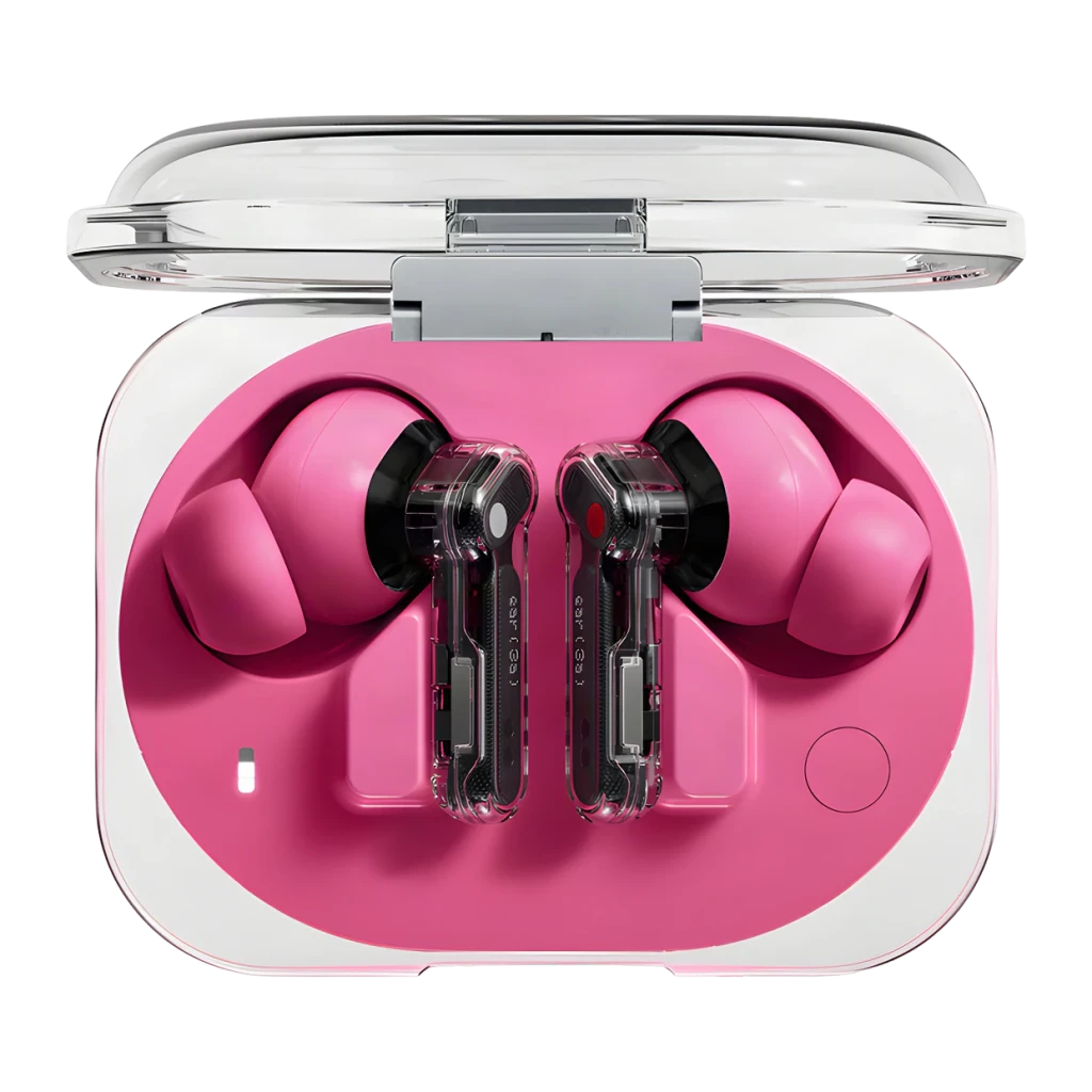 Nothing Ear (3a) Rosa en estuche transparente: audífonos intraurales rosa con vástago translúcido negro, almohadillas de silicona y luz LED de estado