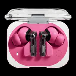 Nothing Ear (3a) Rosa com estojo transparente, fones intra-auriculares rosa e hastes translúcidas, indicador LED e botão lateral visíveis, design compacto