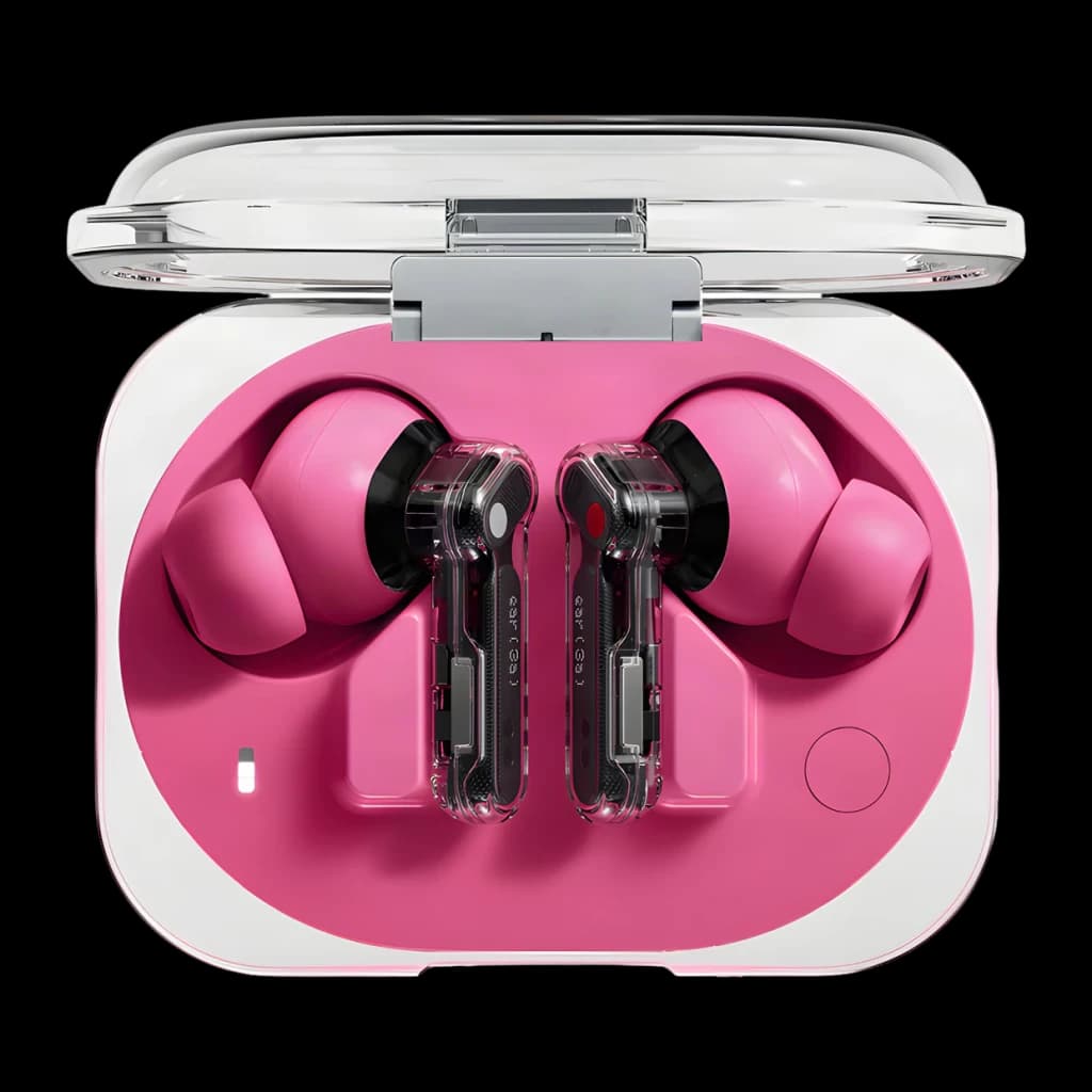 Nothing Ear (3a) Rosa en estuche transparente: audífonos intraurales rosa con vástago translúcido negro, almohadillas de silicona y luz LED de estado