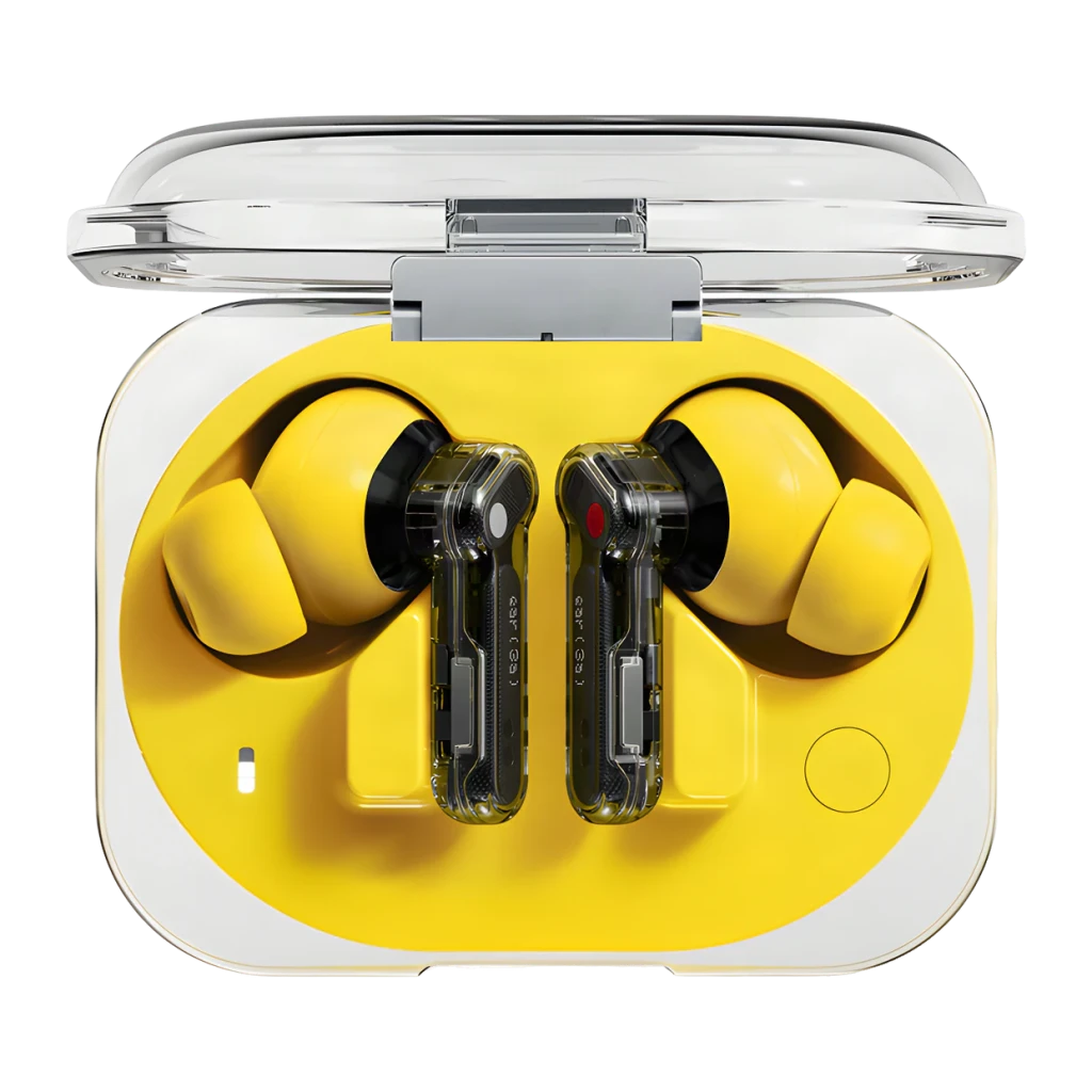 Auriculares Nothing Ear 3a amarillos con estuche transparente, diseño in-ear con puntas de silicona, vástagos traslúcidos y controles táctiles TWS