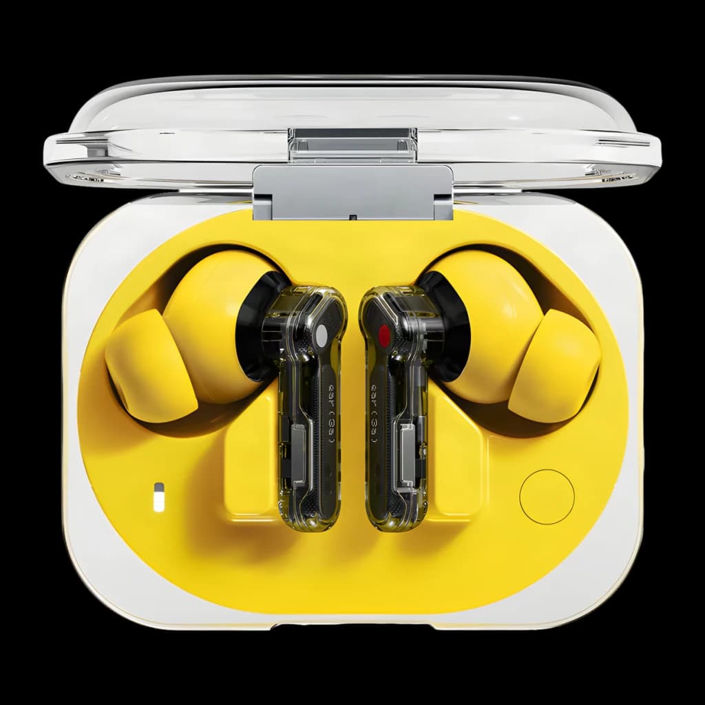 Auriculares Nothing Ear 3a amarillos con estuche transparente, diseño in-ear con puntas de silicona, vástagos traslúcidos y controles táctiles TWS