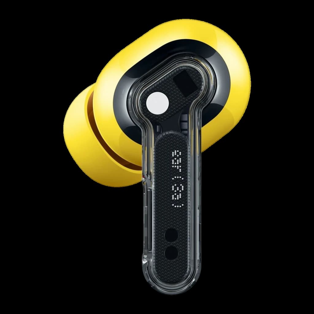 Auriculares Nothing Ear 3a amarillos TWS in-ear con cápsula de silicona, cuerpo translúcido negro y detalles circulares, diseño compacto y moderno