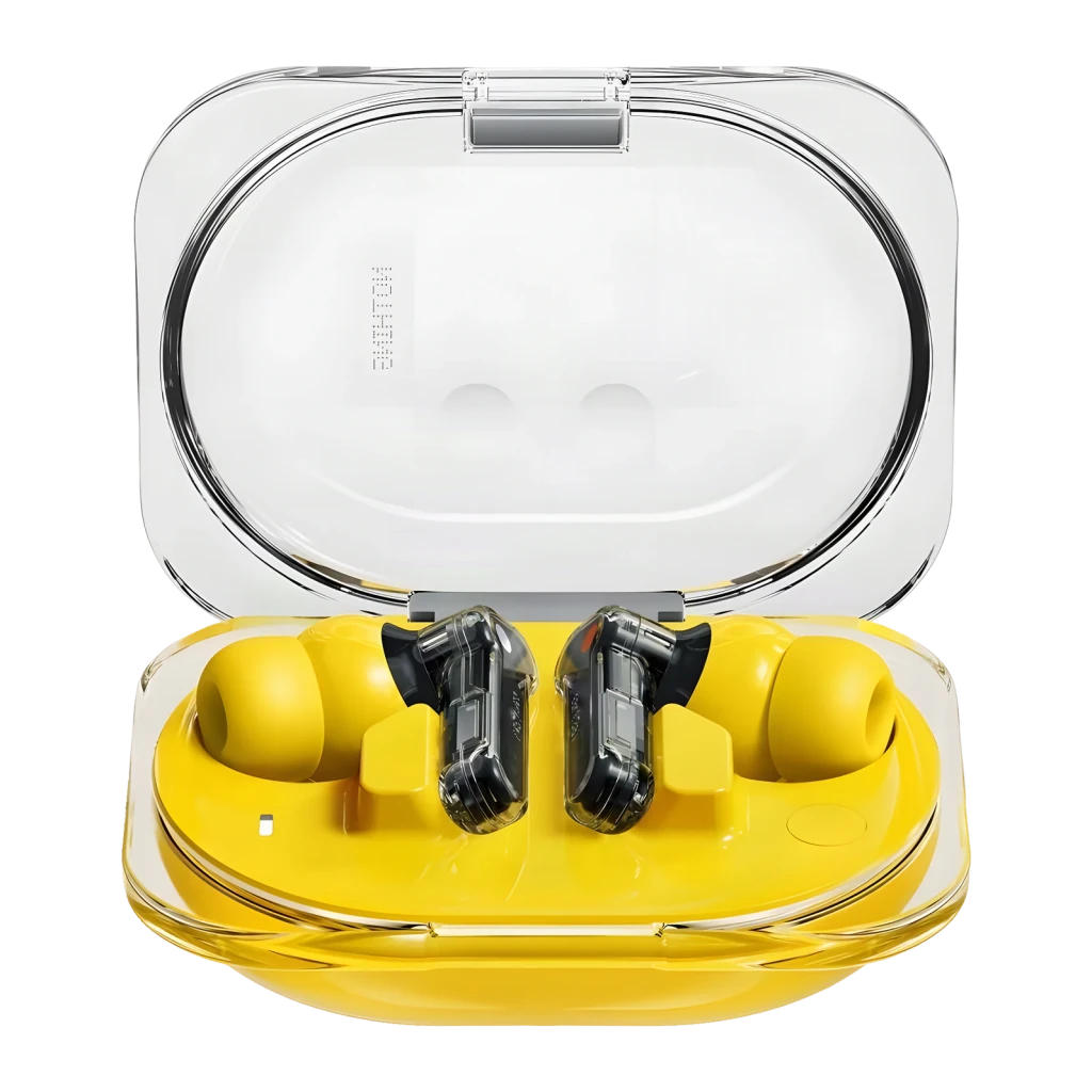 Auriculares Nothing Ear (3a) amarillos en estuche transparente, diseño in-ear con puntas de silicona, cuerpo semitransparente y base de carga compacta