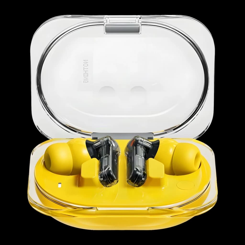 Auriculares Nothing Ear (3a) amarillos en estuche transparente, diseño in-ear con puntas de silicona, cuerpo semitransparente y base de carga compacta