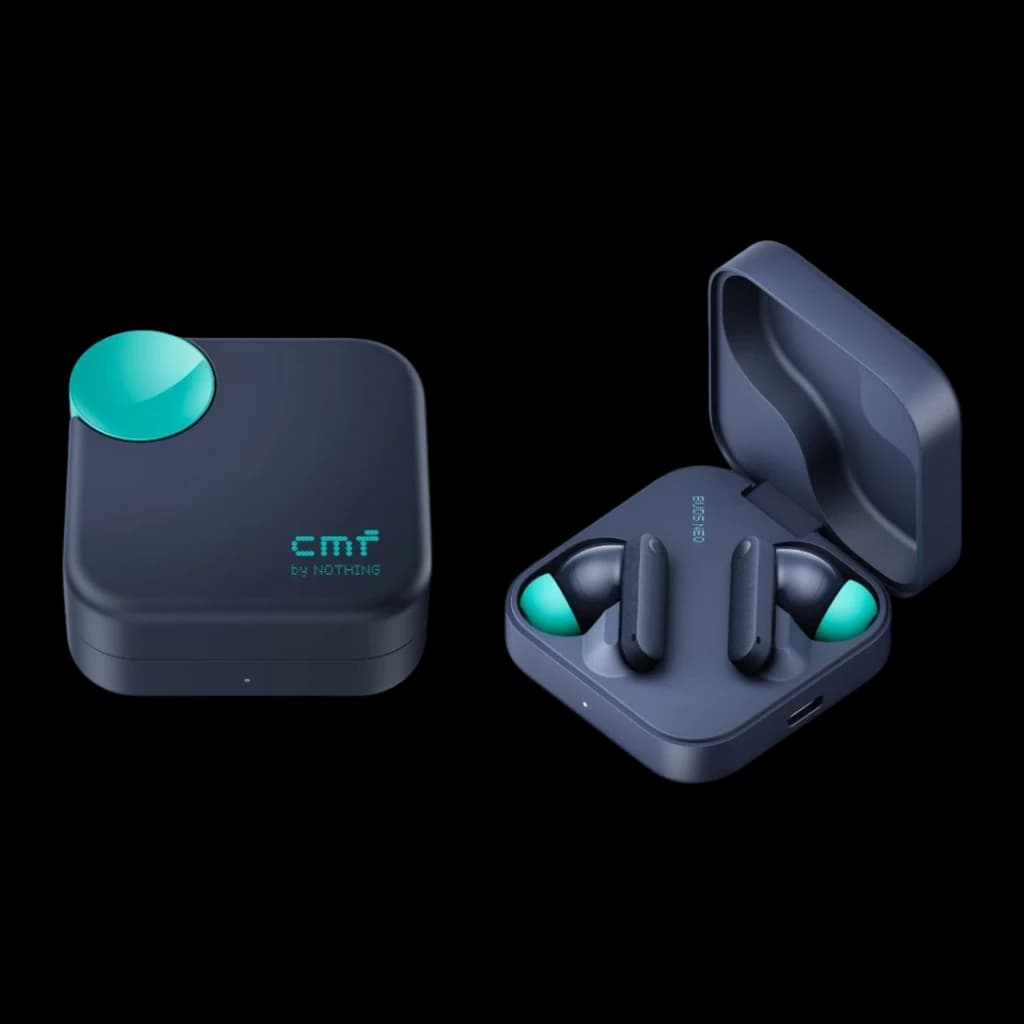 Auriculares CMF by Nothing Buds Neo Cancelación de Ruido Adaptativa TWS Azul Oscuro, vista doble: estuche cerrado con botón