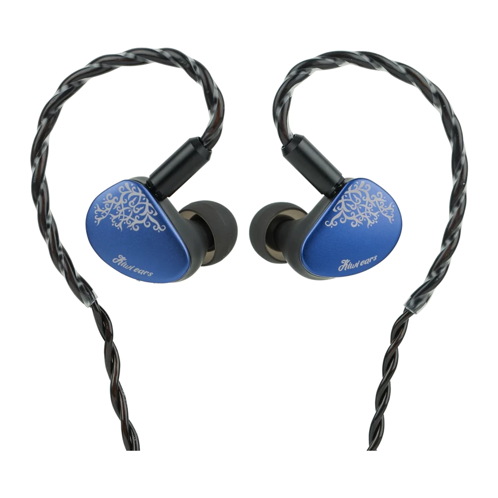 Auriculares Kiwi Ears Cadenza Blue In-Ear Jack 3,5 mm, vista frontal: carcaça azul com gravação floral e cabo trançado