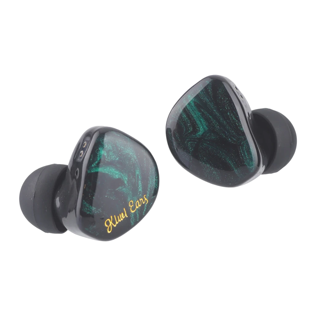 Auriculares IEM Kiwi Ears Cadenza Green In-Ear Jack 3,5mm 10mm Berílio, vista frontal: carcaça translúcida com veios verdes