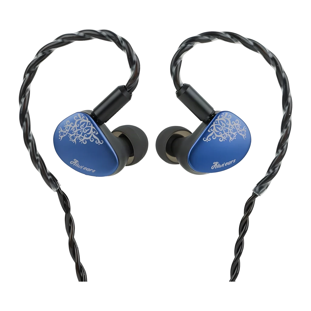 Auriculares IEM Kiwi Ears Cadenza II Blue Jack 3,5mm Driver Dinâmico 10mm, vista frontal: carcaça azul com gravura floral