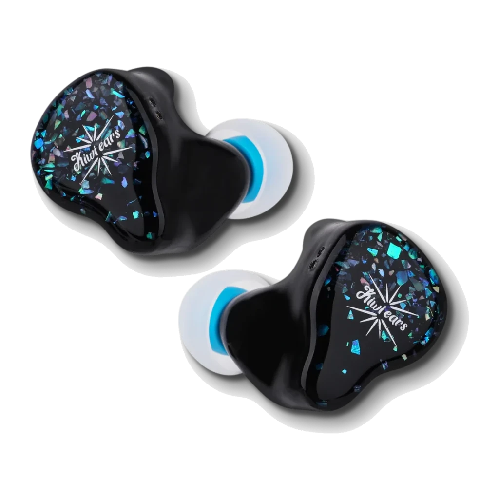 Auriculares IEM Kiwi Ears Astral Blue Cabo 3,5 mm + 4,4 mm Balanceado, vista frontal: par com faceplate iridescente