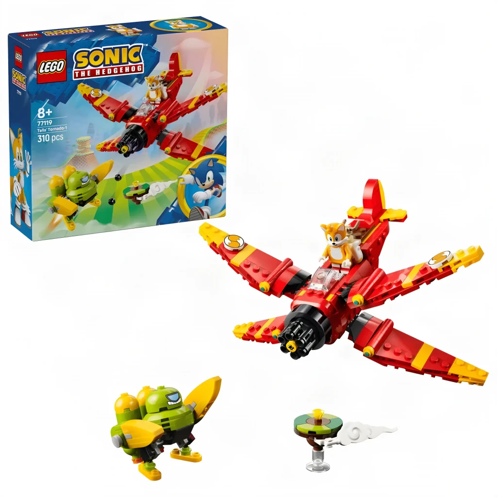 LEGO Sonic the Hedgehog 77119 Tails Tornado-1, caja frontal: avión rojo con Tails, robot enemigo y minifigura de Sonic - Ítem2
