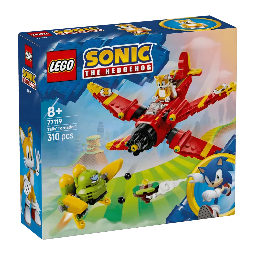 LEGO Sonic the Hedgehog 77119 Tails Tornado-1, caja frontal: avión rojo con Tails, robot enemigo y minifigura de Sonic - Ítem3