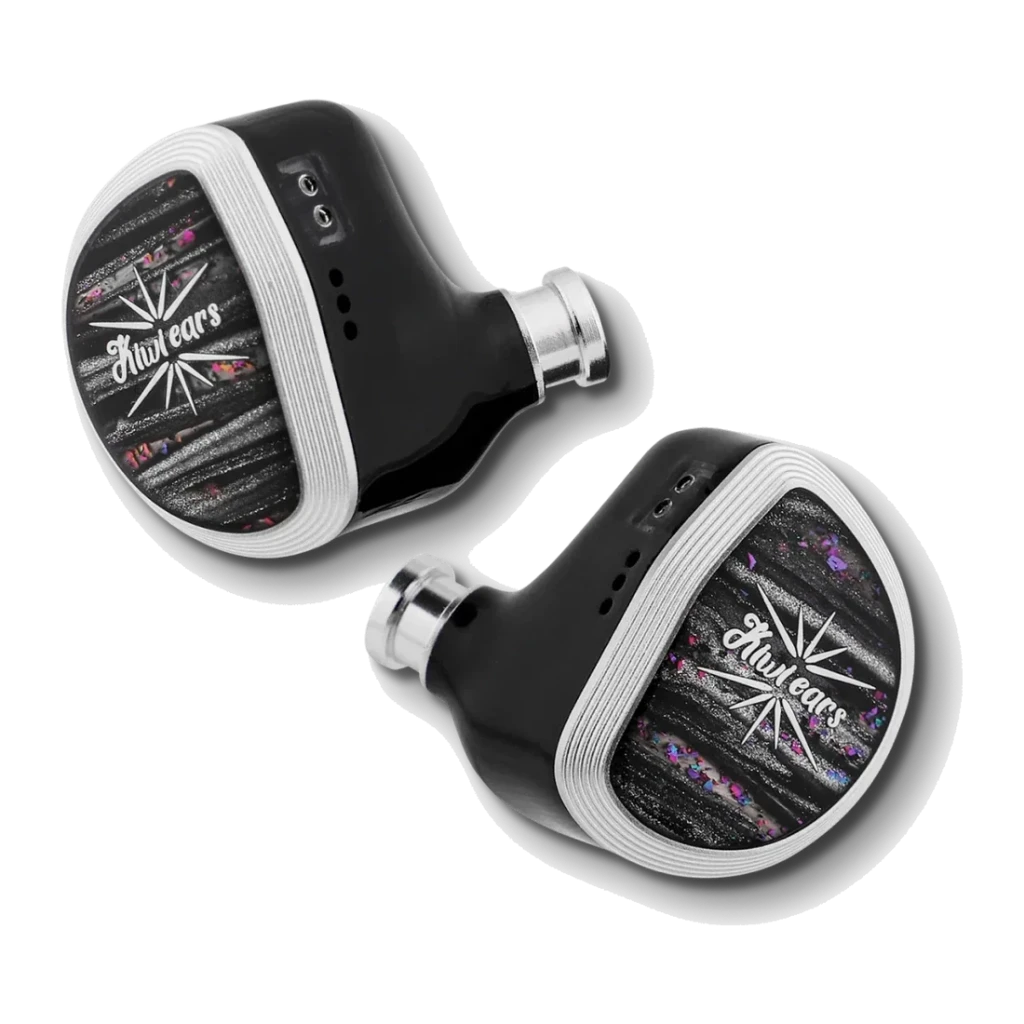 Auriculares IEM Kiwi Ears Aether In-Ear Cabo Jack 3,5mm Planar 15,3mm, vista frontal par: carcaça preta com faceplate