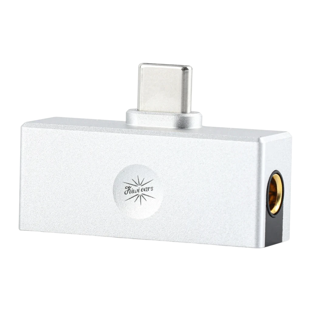 DAC Amplificador Kiwi Ears Allegro Mini DSD128 4,4mm Prata, vista frontal: corpo retangular prateado, conector USB-C