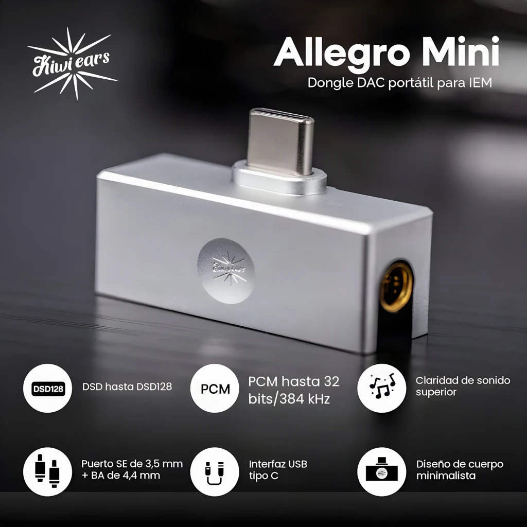 DAC Amplificador Kiwi Ears Allegro Mini DSD128 4,4mm Prata, vista frontal: corpo alumínio prateado com conector USB-C e jack