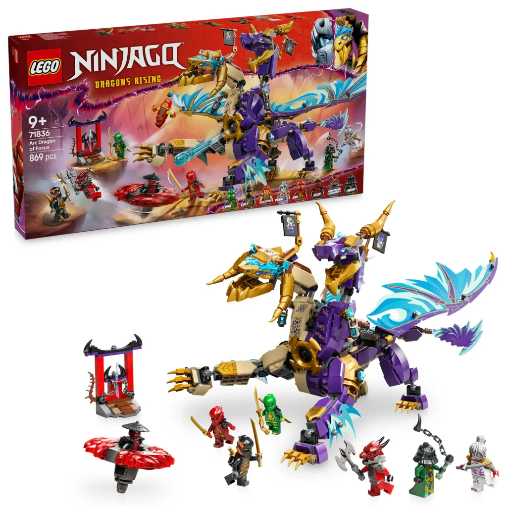 LEGO Ninjago 71836 Dragón de Arco de la Concentración Multicolor, caja en ángulo: frontal con dragón dorado y morado - Ítem6