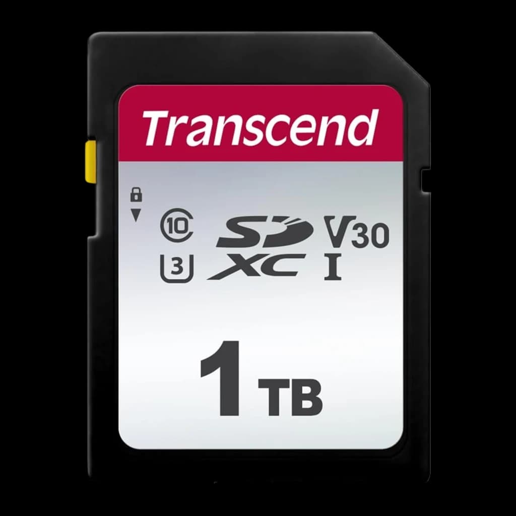 Transcend 300S 1TB SDXC preta, vista frontal: etiqueta vermelha e prateada com logo, ícones Class 10 UHS-I V30 e capacidade