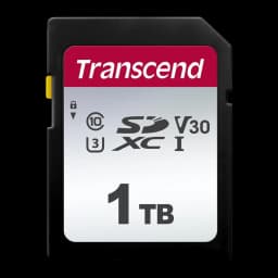 Transcend 300S 1TB SDXC preta, vista frontal: etiqueta vermelha e prateada com logo, ícones Class 10 UHS-I V30 e capacidade