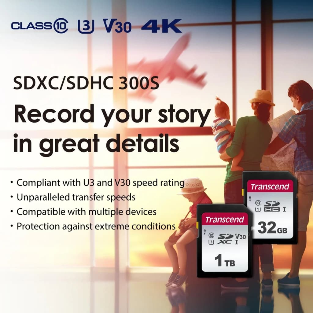 Transcend 300S 1TB preto, infográfico: cartões SD 1TB e 32GB com certificações Class10 U3 V30 4K e família em aeroporto