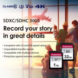 Transcend 300S 1TB preto, infográfico: cartões SD 1TB e 32GB com certificações Class10 U3 V30 4K e família em aeroporto