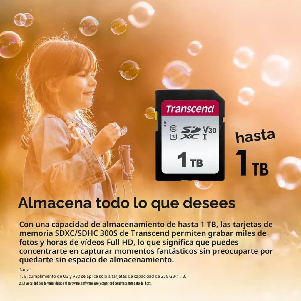 Transcend 300S 1TB Preto, lifestyle: cartão SD frontal com logo, classificação V30 e capacidade 1TB visível