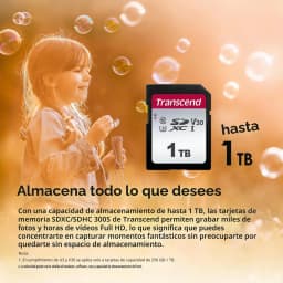 Transcend 300S 1TB Preto, lifestyle: cartão SD frontal com logo, classificação V30 e capacidade 1TB visível