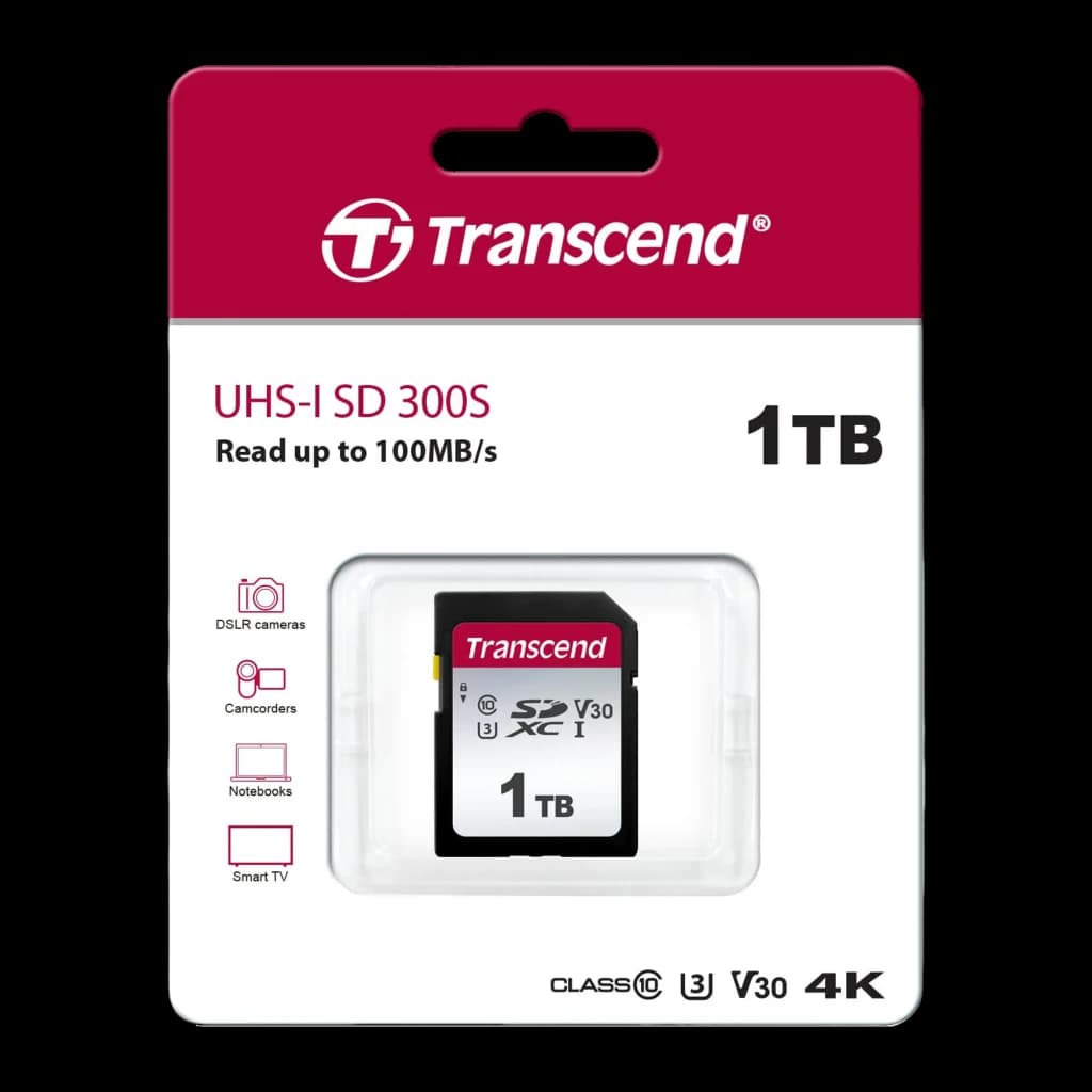 Transcend 300S 1TB preto, embalagem frontal: blíster com cartão SD visível, logo, 100MB/s e certificações Class10 V30 4K
