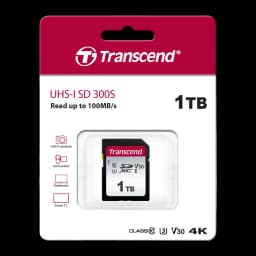 Transcend 300S 1TB preto, embalagem frontal: blíster com cartão SD visível, logo, 100MB/s e certificações Class10 V30 4K