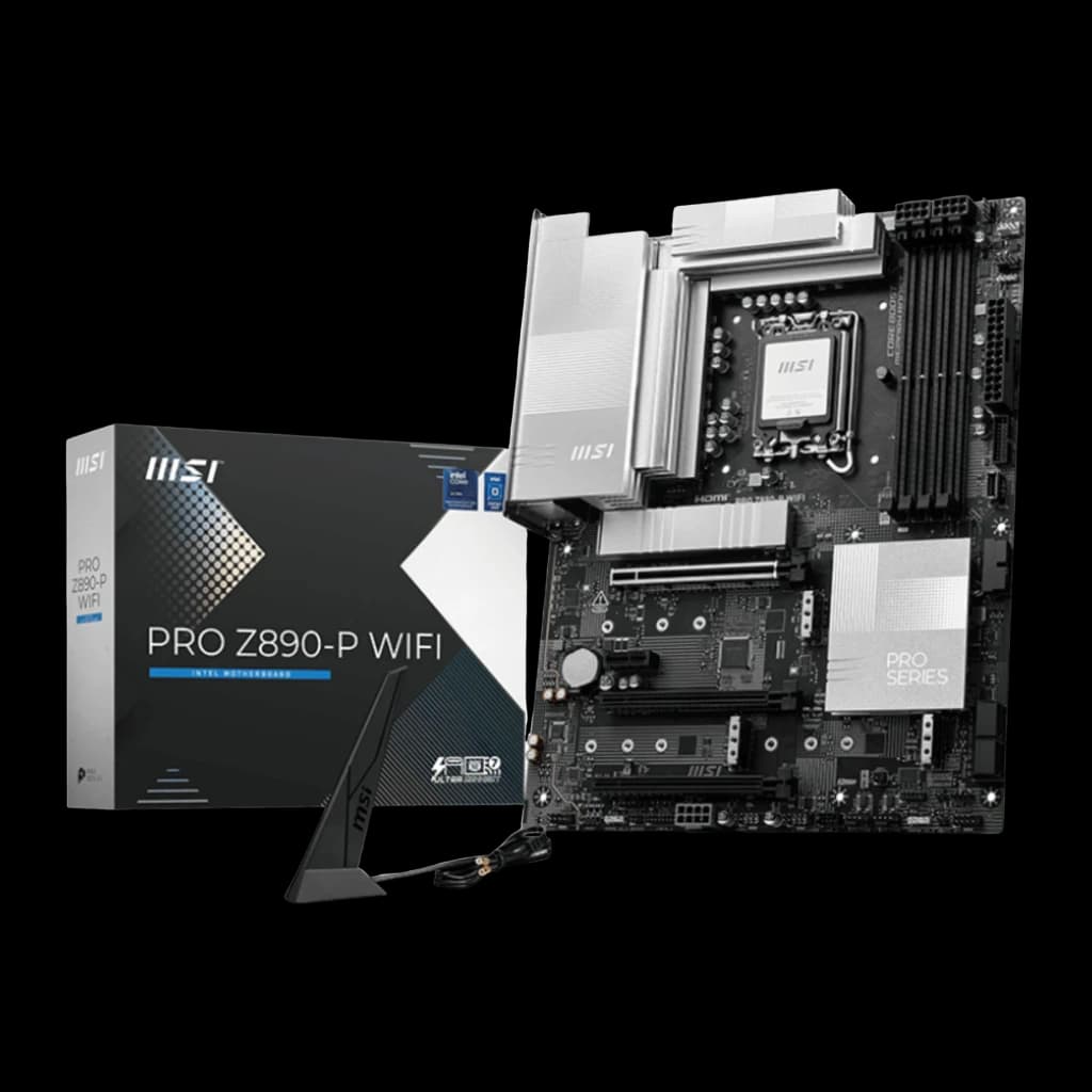 MSI PRO Z890-P WIFI negro/plata, vista con caja: placa base Socket 1851, disipadores plateados y antena WiFi