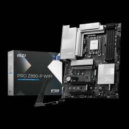 MSI PRO Z890-P WIFI negro/plata, vista con caja: placa base Socket 1851, disipadores plateados y antena WiFi