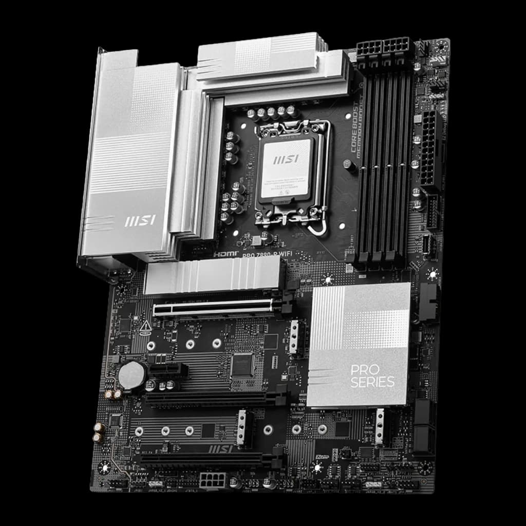 MSI PRO Z890-P WIFI Socket 1851 negro/plata, vista angular frontal: socket LGA1851, disipadores VRM plateados y ranuras M.2