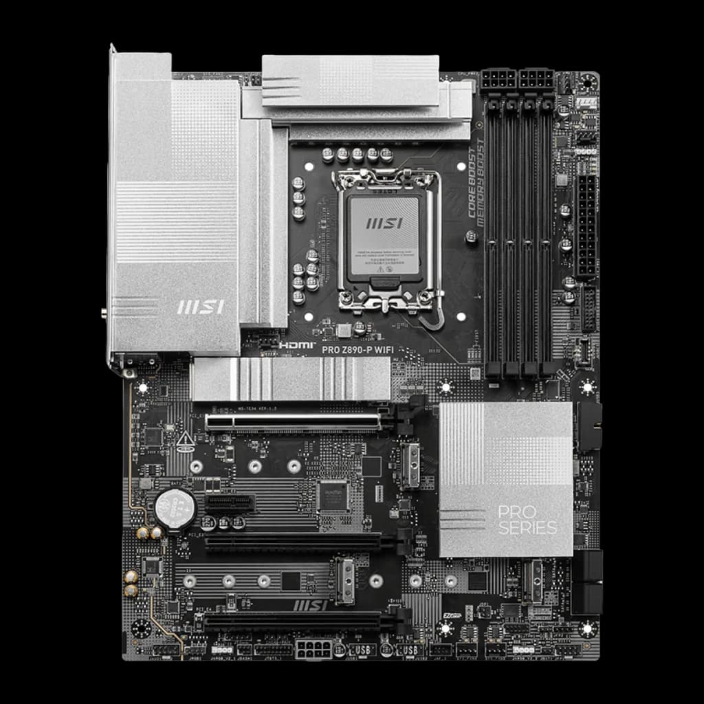 MSI PRO Z890-P WIFI negro/plata, vista frontal: placa base Socket 1851 con disipadores plateados, zócalo CPU y ranuras DDR5