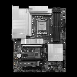 MSI PRO Z890-P WIFI negro/plata, vista frontal: placa base Socket 1851 con disipadores plateados, zócalo CPU y ranuras DDR5