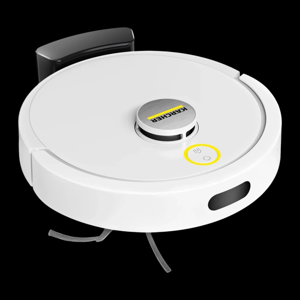Kärcher RVC 3 Branco, vista superior frontal: sensor LiDAR e botão amarelo em destaque, sensor frontal e escova lateral