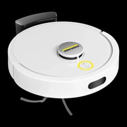 Kärcher RVC 3 Branco, vista superior frontal: sensor LiDAR e botão amarelo em destaque, sensor frontal e escova lateral