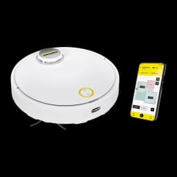 Kärcher RVC 3 Branco, vista lateral com app: robô ao lado de smartphone exibindo mapa de cômodos na tela