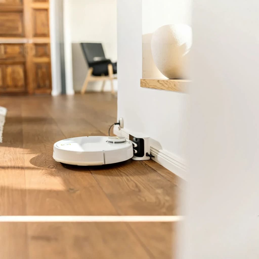Kärcher RVC 3 Branco, vista lateral: robô aspirador carregando na base sobre piso de madeira em sala