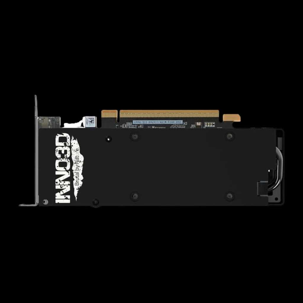Inno3D GeForce RTX 5060 Low Profile negra, vista trasera: backplate negro con logo INNO3D Brutal by Nature y conector PCIe