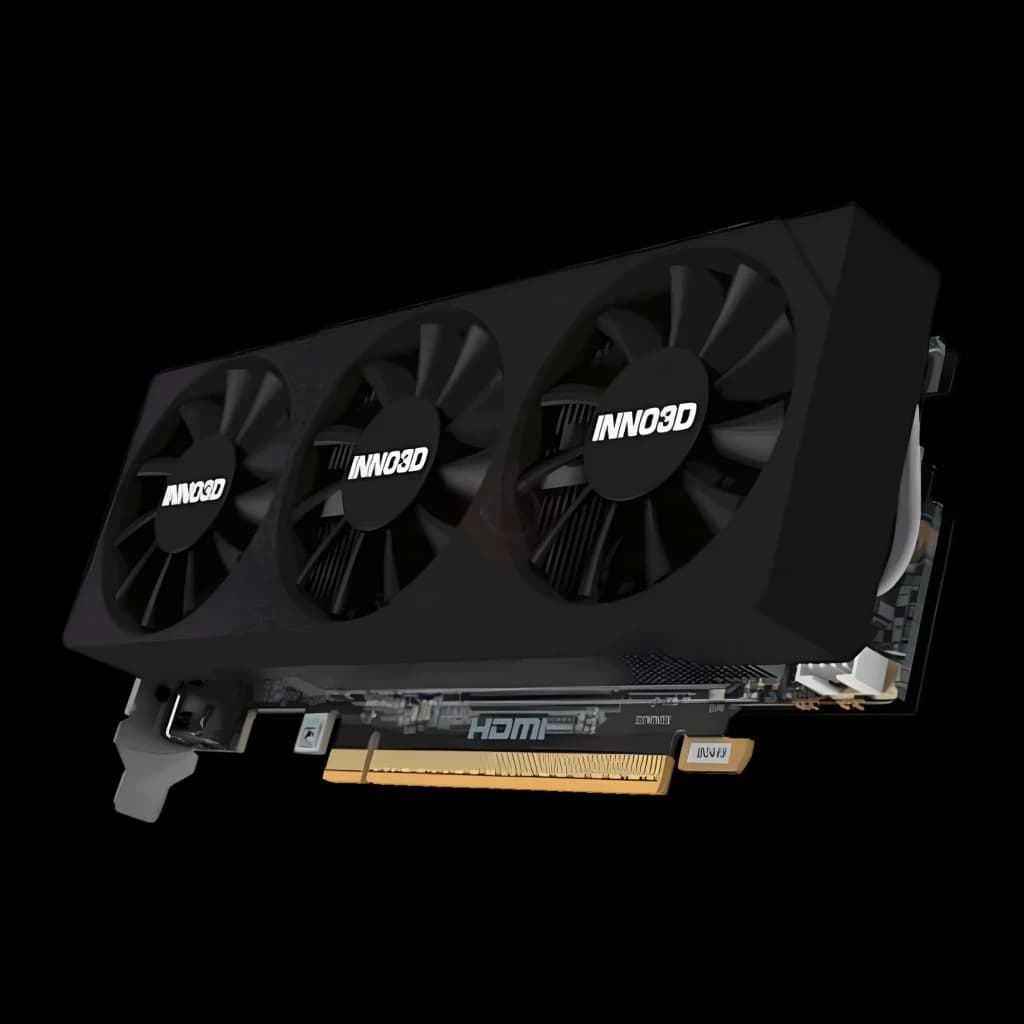 Inno3D GeForce RTX 5060 Low Profile negra, vista lateral: tres ventiladores con logo INNO3D, conector PCIe dorado y puertos