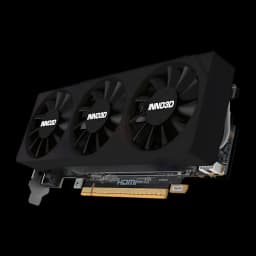 Inno3D GeForce RTX 5060 Low Profile negra, vista lateral: tres ventiladores con logo INNO3D, conector PCIe dorado y puertos