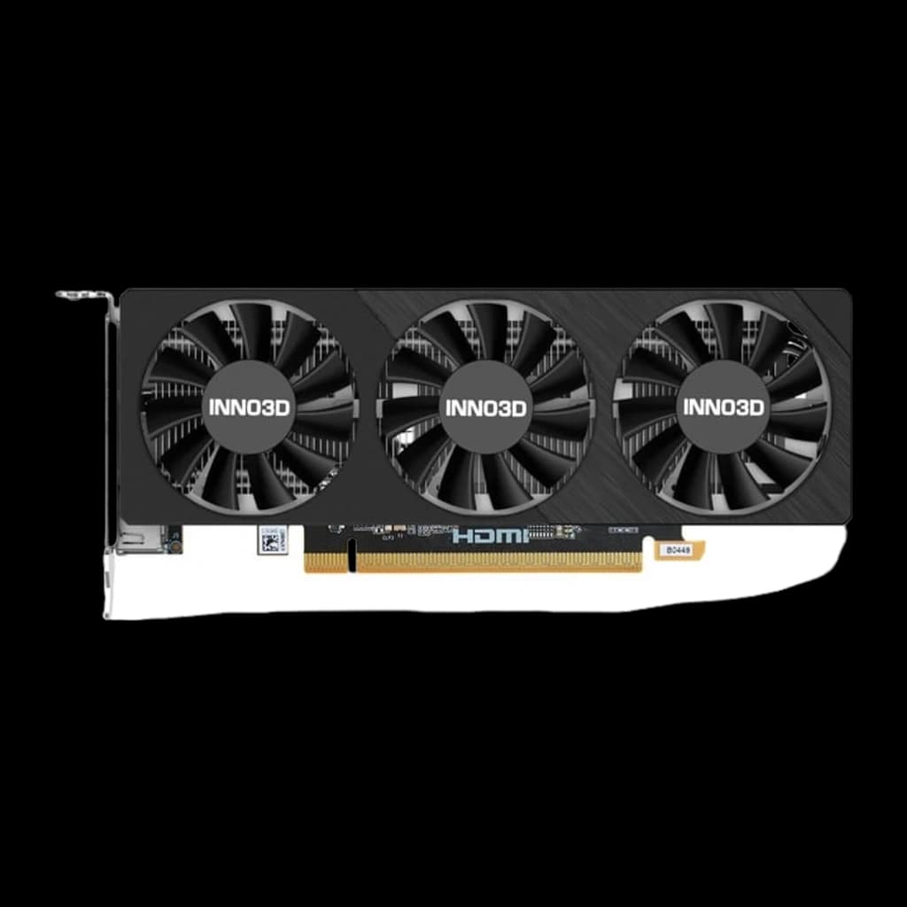 Inno3D GeForce RTX 5060 Low Profile negra, vista frontal: tres ventiladores con logo INNO3D y conector PCIe dorado