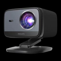 Philips NeoPix 450 Smart 1080p noir, vue avant en angle: objectif éclairé, haut-parleur latéral et support articulé