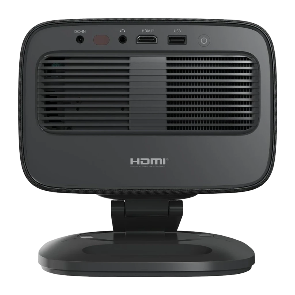 Philips NeoPix 450 Smart 1080p noir, vue avant en angle: objectif éclairé, haut-parleur latéral et support articulé - Ítem1