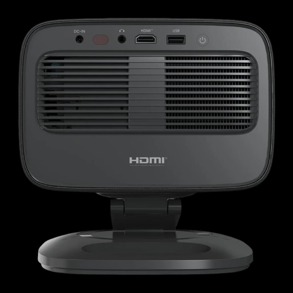 Philips NeoPix 450 Smart 1080p noir, vue arrière: grilles de ventilation, ports DC-IN, casque, HDMI et USB