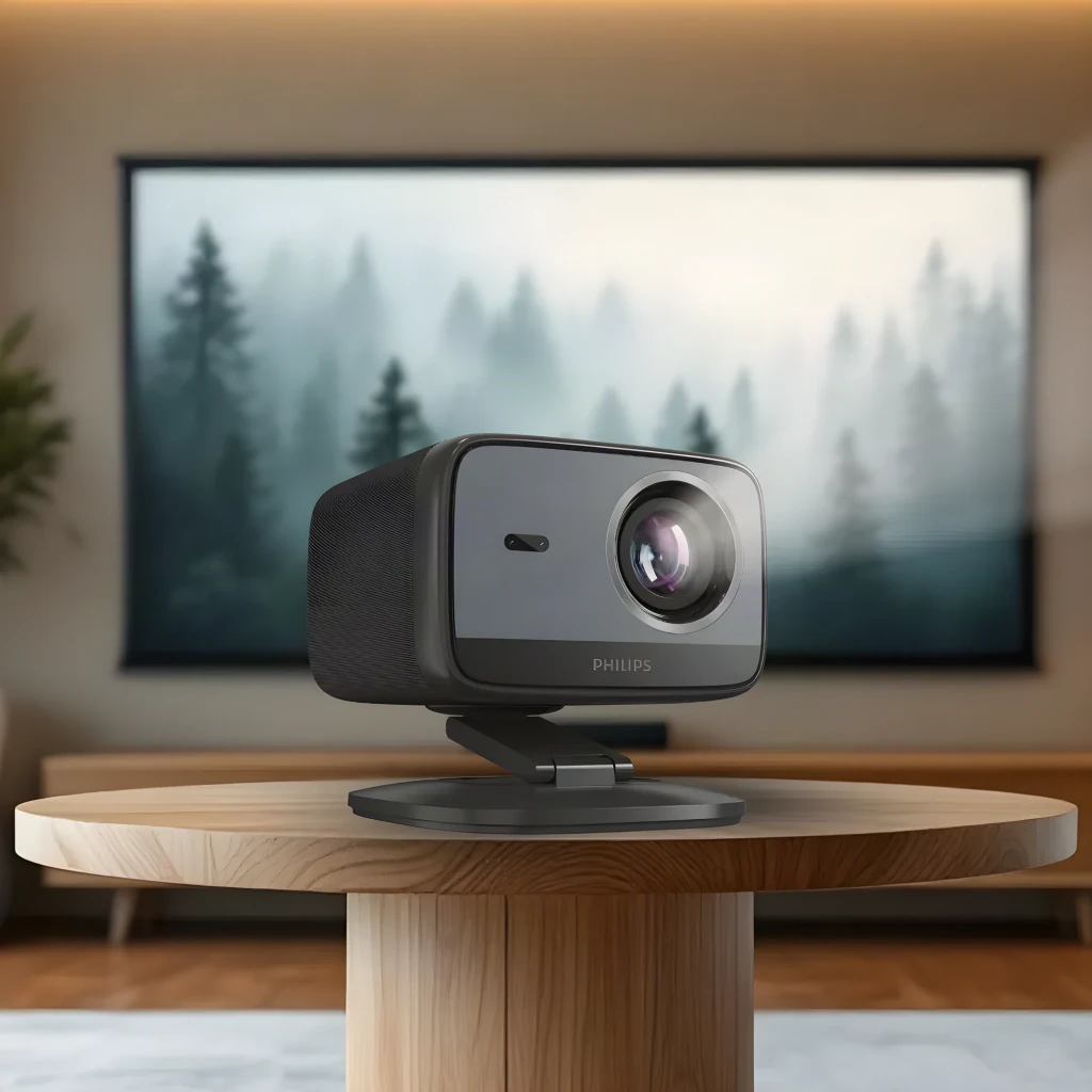 Philips NeoPix 450 Smart 1080p noir, vue avant en angle: objectif éclairé, haut-parleur latéral et support articulé - Ítem2