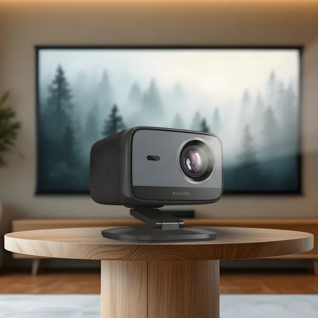 Philips Projecteur NeoPix 450 Smart 1080p Noir, vue avant: sur table en bois avec écran projeté en arrière-plan