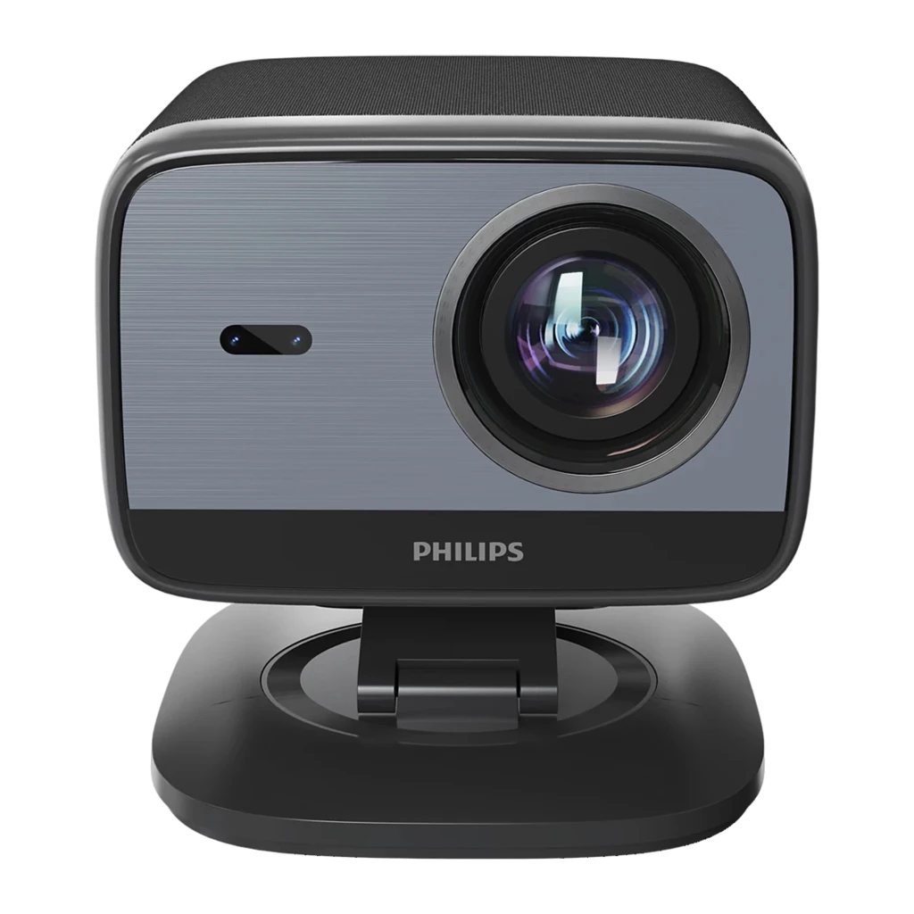 Philips NeoPix 450 Smart 1080p noir, vue avant en angle: objectif éclairé, haut-parleur latéral et support articulé - Ítem3